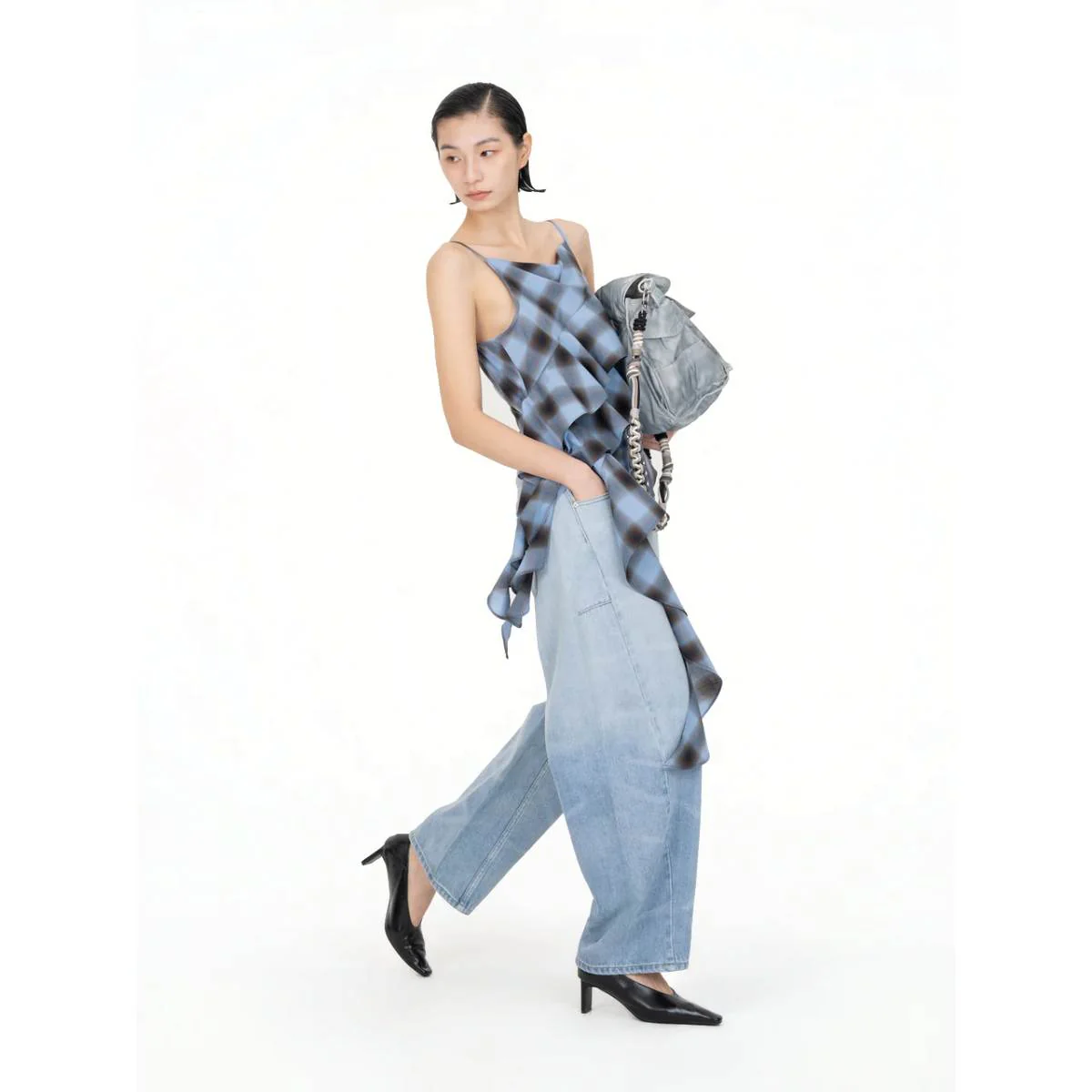 Asymmertrical Ruffle Top 'Blue Check' - Image 4