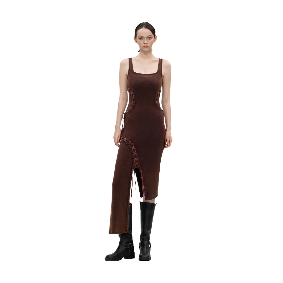 Washed Lace-Up Dress 'Red Brown' - Image 3