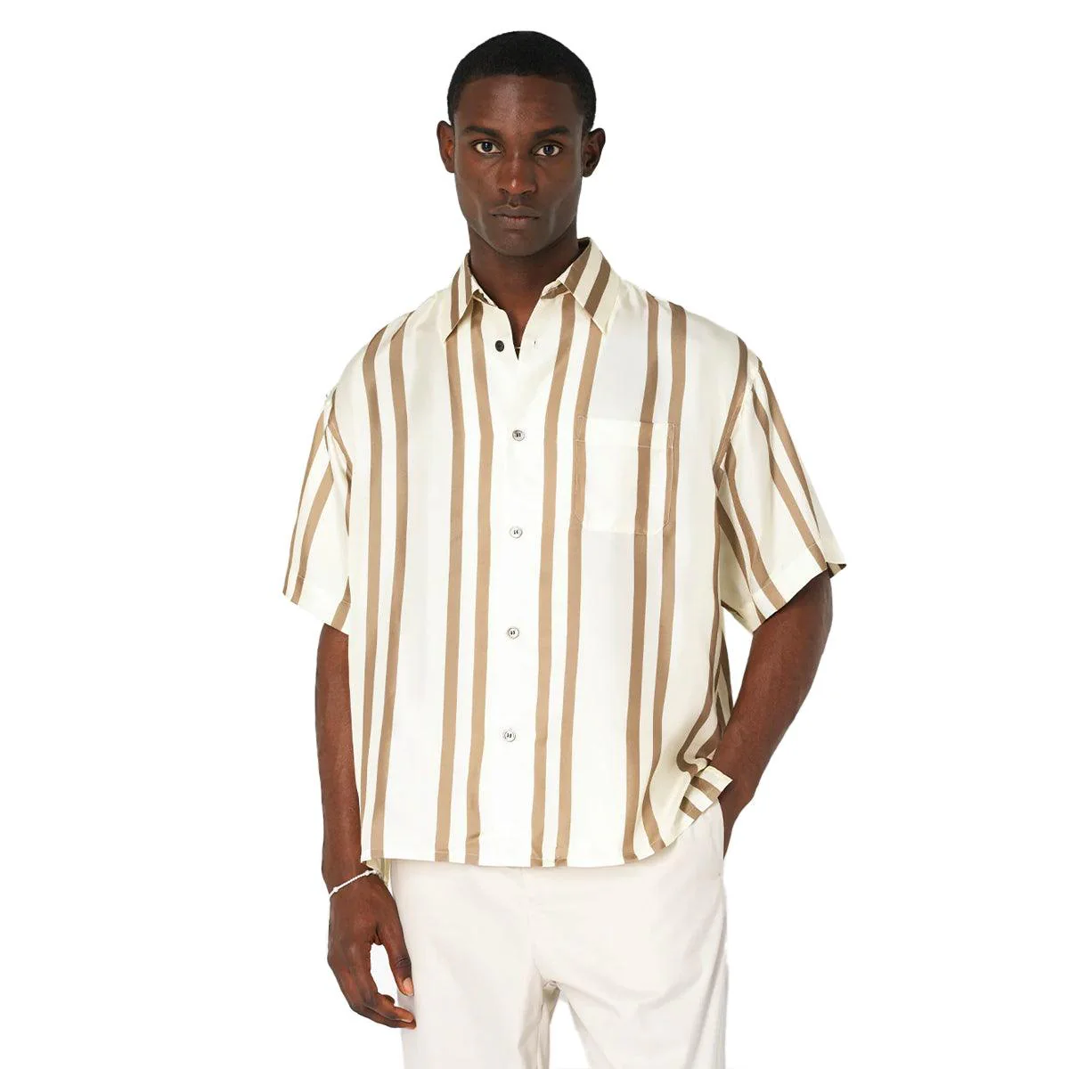 Silk S/S Button Up Shirt 'Bark Salt Stripe' - Image 2